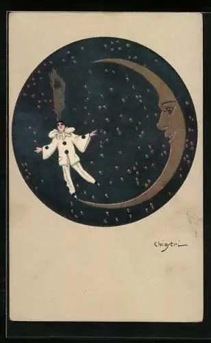 Künstler-AK Carlo Chiostri: Harlekin balanciert auf der Sichel des Mondes