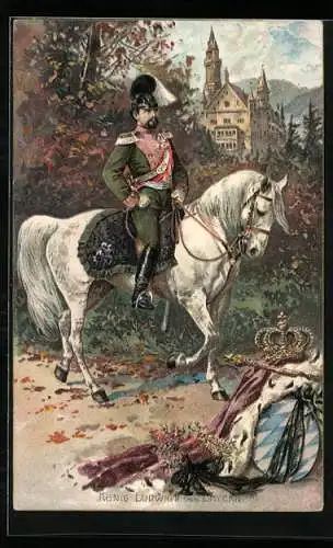 Künstler-AK Fritz Bergen: König Ludwig II. in Kavallerie-Uniform vor Neuschwanstein