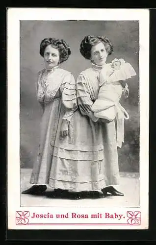 AK Siames. Zwillinge Josefa und Rosa mit Baby