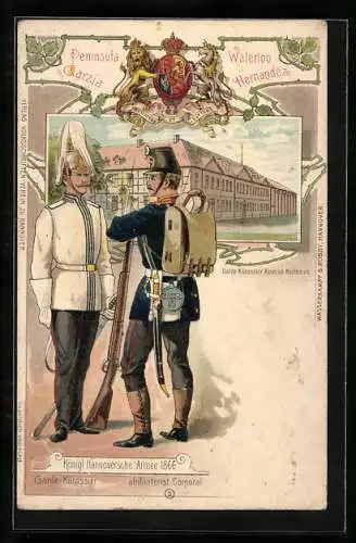Lithographie Northeim, Garde-Kürassier und Infanterist Corporal der Kgl. Hannoverschen Armee 1866 in Uniform