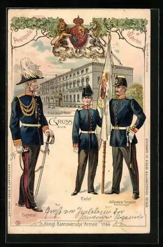 Lithographie Hannover, Kgl. Hannoversche Armee 1866, General, Cadet, Inf.-Sergeant, Waterloo