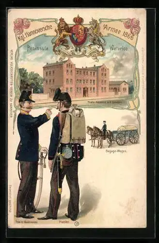 Lithographie Hannover, Kgl. Hannoversche Armee 1866, Pionier, Train Wachtmeister, Bagage-Wagen