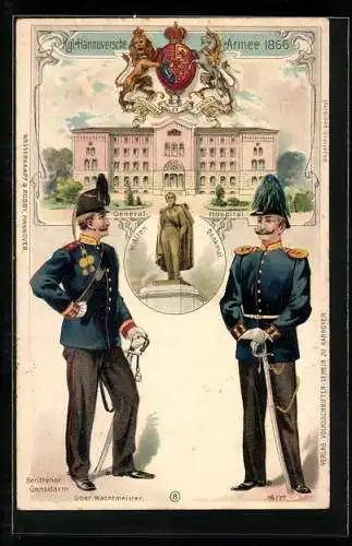 Lithographie Hannover, Kgl. Hannoversche Armee 1866, Berittener Gensdarm, Arzt