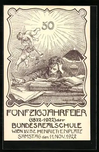 Künstler-AK Wien, Bundesrealschule Henriettenplatz, 50 Jahrfeier 1872-1922, Engel fliegen um einen Schüler