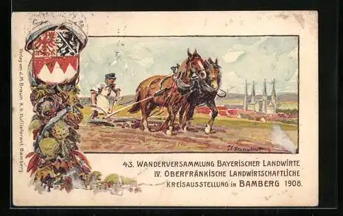 Künstler-AK Ganzsache Bayern PP15C143: Bamberg, IV. Oberfränkische Landwirtschaftliche Kreisausstellung 1908, Wappen
