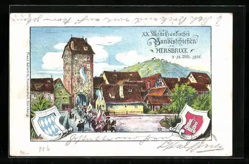 Lithographie Ganzsache Bayern PP15C81: Hersbruck, XX. Mittelfränkisches Bundesschiessen 9.-12. Juli 1905, Ortsansicht