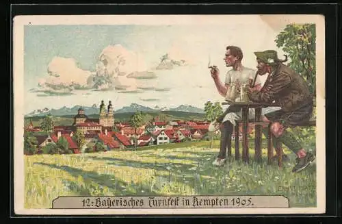 Künstler-AK Kempten, 12. Bayerisches Turnfest 1905, Turner beim Rauchen, Ganzsache Bayern 5 Pfennig