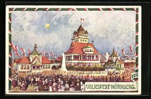 Künstler-AK Nürnberg, Volksfest 1908, Ganzsache Bayern 5 Pfennig