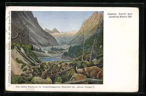 Künstler-AK München, Allgemeine Deutsche Sport-Ausstellung 1899, Panorama im Ausstellungspalast, Ganzsache Bayern 5 Pfg.