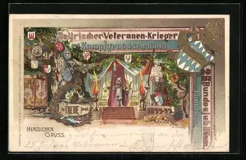 Lithographie München, Bayer.-Veteranen-Krieger und Kampfgenossen-Bund, Bundesjubiläum 1899, Ganzsache Bayern 5 Pfennig