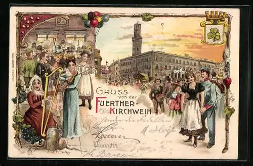 Lithographie Fürth, Kirchweih, Festbesucher am Rathaus, Harfnerin, Ganzsache Bayern 5 Pfg.
