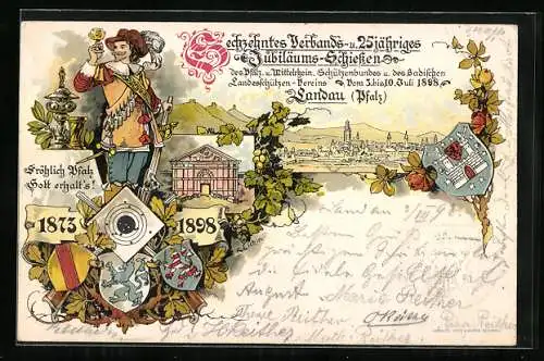 Lithographie Landau /Pfalz, 16. Verbands- und 25jähriges Jubiläums-Schiessen 1898, Ganzsache Bayern 5 Pfennig