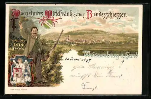 Lithographie Ganzsache Bayern PP15C15: Weissenburg a. Sand, 14. Mittelfränkisches Bundesschiessen 1899, Panorama