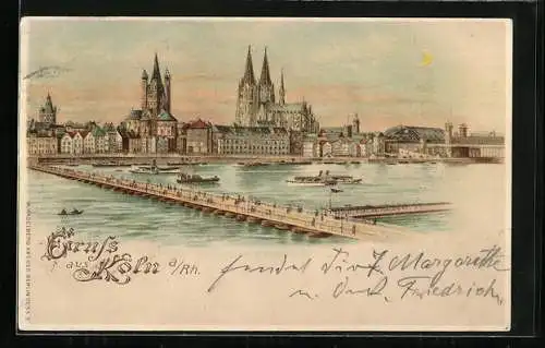 Lithographie Köln, Rheinbrücke, Dom bei Nacht, Dampfer, Halt gegen das Licht