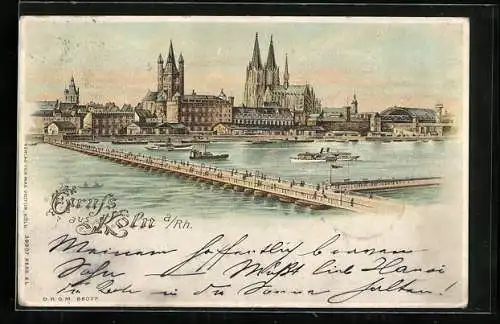 Lithographie Köln, Stadtpanorama mit Rheinbrücke, Dom und Bahnhof, Halt gegen das Licht