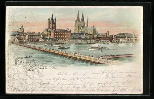 Lithographie Köln, Blick auf Dom und Brücke, Dampfer, Halt gegen das Licht