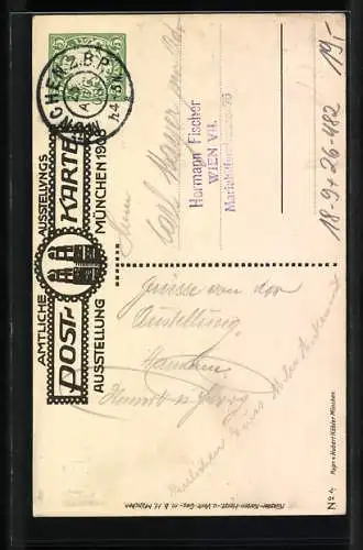 Künstler-AK München, Ausstellung 1908, Münchner Kindl zu Pferd, Ganzsache Bayern 5 Pfennig