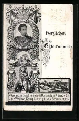 AK Nürnberg, Verein zur Errichtung eines Denkmals für Weiland König Ludwig II. von Bayern, Ganzsache Bayern 3+2 Pfennig