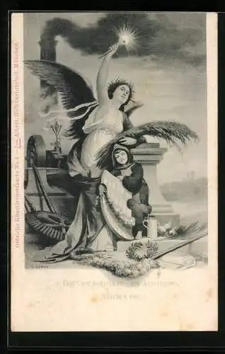 AK München, II. Kraft-u. Arbeitsmaschinen-Ausstellung 1898, Engel mit dem Münchener Kindl, Ganzsache Bayern 5 Pfennig