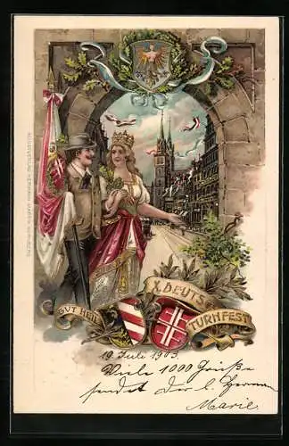 Lithographie Ganzsache Bayern PP15D67 /01: Nürnberg, X. Deutsches Turnfest, Turner mit Flagge, Wappen, Stadtansicht