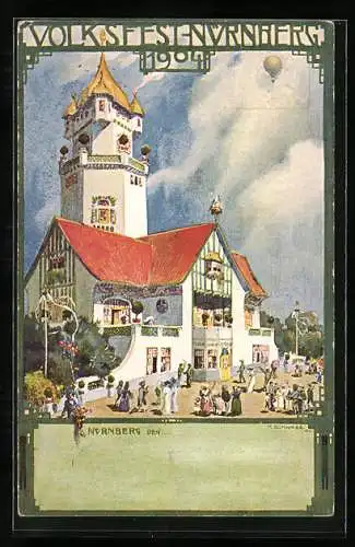 Künstler-AK H. Schwabe: Nürnberg, Volksfest 1904, Ganzsache Bayern 5 Pfennig