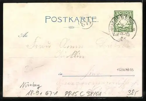 Künstler-AK Ganzsache Bayern PP15C38 /01: Nürnberg, Volksfest 1901, Verkäufer und Wappen