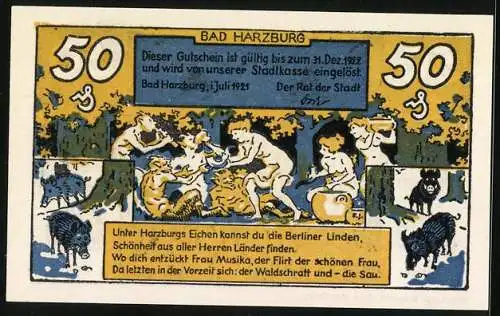 Notgeld Bad Harzburg 1921, 50 Pfennig, Kurhaus und Waldszenen mit Tieren und Menschen