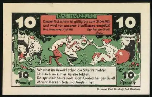 Notgeld Bad Harzburg, 1921, 10 Pfennig, Stadtansicht mit Inschrift und Fabelwesen im Wald