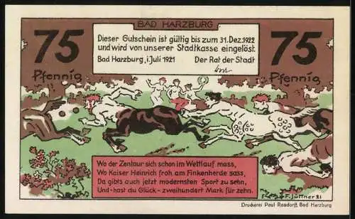 Notgeld Bad Harzburg 1921, 75 Pfennig, Harzburger Rennen und Wettrennen-Illustrationen