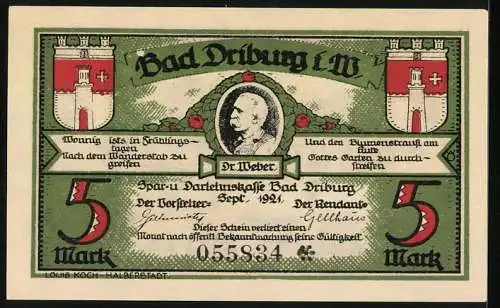 Notgeld Bad Driburg 1921, 5 Mark, Dr. Weber und Seemannshaus, Stadtwappen und Seriennummer 055834