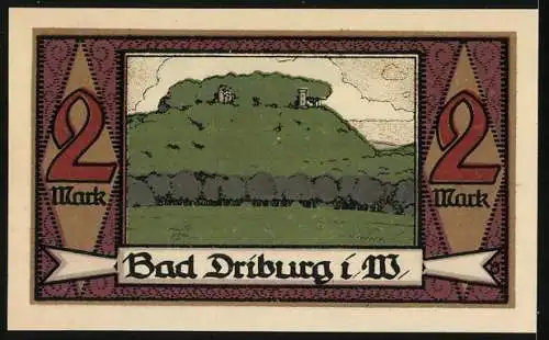 Notgeld Bad Driburg, 1921, 2 Mark, Dr. Weber und Burgruine, grün-rote Gestaltung