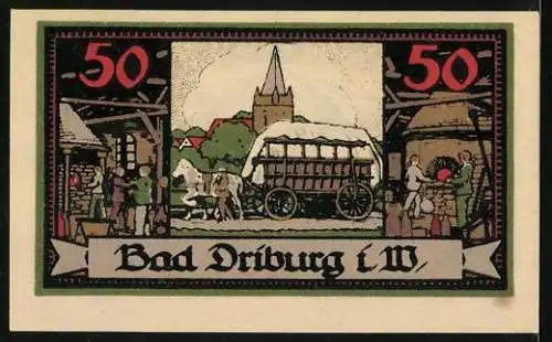 Notgeld Bad Driburg 1921, 50 Pfennig, Portrait von Dr. Weber und Marktszene mit Pferdekarren