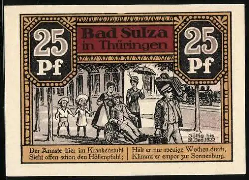 Notgeld Bad Sulza, 1921, 25 Pf, Illustration der Sonnenburg Kurgast im Rollstuhl, gültig bis 31.12.1922