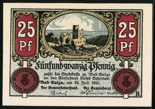 Notgeld Bad Sulza, 1921, 25 Pf, Illustration der Sonnenburg Kurgast im Rollstuhl, gültig bis 31.12.1922