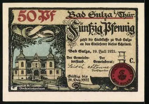 Notgeld Bad Sulza, 1921, 50 Pf, Trinkhalle und Inhalatorium, gültig bis 31. Dezember 1922