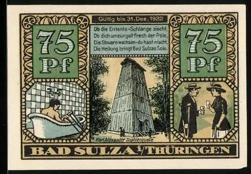 Notgeld Bad Sulza 1921, 75 Pf, Karl Alexander Sophiequelle, Schlangen und Frau mit Schale