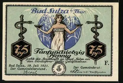 Notgeld Bad Sulza 1921, 75 Pf, Karl Alexander Sophiequelle, Schlangen und Frau mit Schale