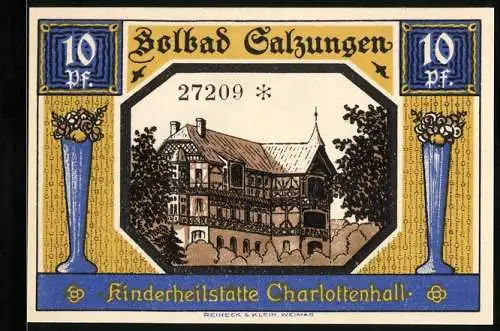 Notgeld Bad Salzungen 1921, 10 Pf, Kinderheilstätte Charlottenhall und Stadtansicht mit Wappen