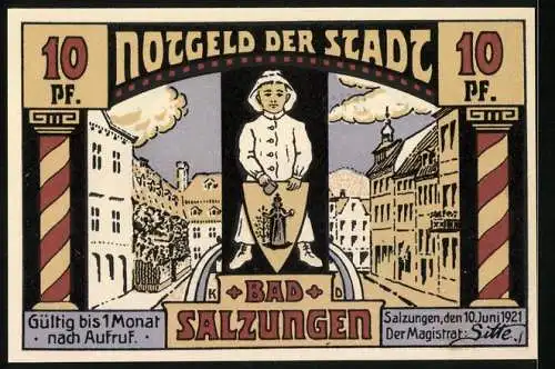 Notgeld Bad Salzungen 1921, 10 Pf, Kinderheilstätte Charlottenhall und Stadtansicht mit Wappen