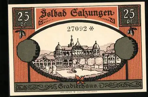 Notgeld Bad Salzungen, 1921, 25 Pf, Vorderseite Gradierhaus und Rückseite Stadtansicht mit Wappen