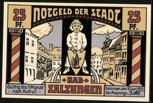 Notgeld Bad Salzungen, 1921, 25 Pf, Vorderseite Gradierhaus und Rückseite Stadtansicht mit Wappen