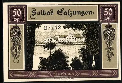 Notgeld Bad Salzungen 1921, 50 Pfennig, Kurhaus, Strassenansichten, Knabe mit Wappen