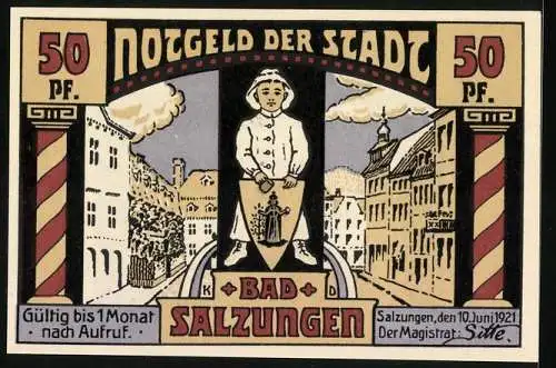 Notgeld Bad Salzungen 1921, 50 Pfennig, Kurhaus, Strassenansichten, Knabe mit Wappen