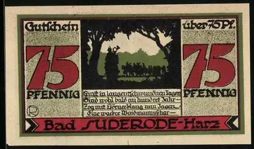 Notgeld Bad Suderode / Harz, 1921, 75 Pfennig, Landschaft mit Reiter und Text über Trinkkuren