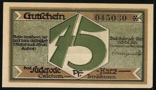 Notgeld Bad Suderode / Harz, 1921, 75 Pfennig, Landschaft mit Reiter und Text über Trinkkuren