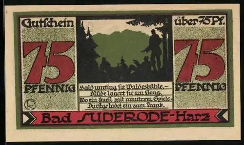 Notgeld Bad Suderode / Harz, 1921, 75 Pfennig, Illustration mit Wanderern und Landschaft, Seriennummer 048730