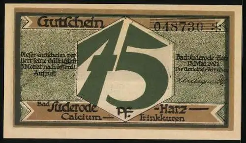 Notgeld Bad Suderode / Harz, 1921, 75 Pfennig, Illustration mit Wanderern und Landschaft, Seriennummer 048730