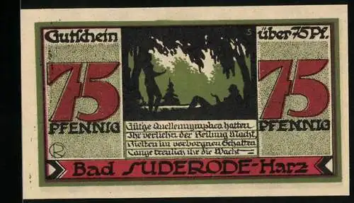 Notgeld Bad Suderode / Harz, 1921, 75 Pfennig, Landschaft und Schriftzüge