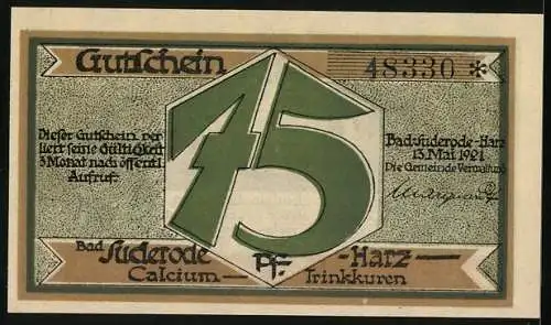 Notgeld Bad Suderode / Harz, 1921, 75 Pfennig, Landschaft und Schriftzüge