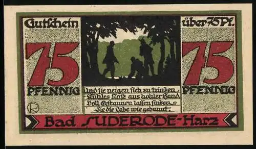 Notgeld Bad Suderode / Harz, 1921, 75 Pfennig, Landschaftsbild und Trinkkuren-Werbung